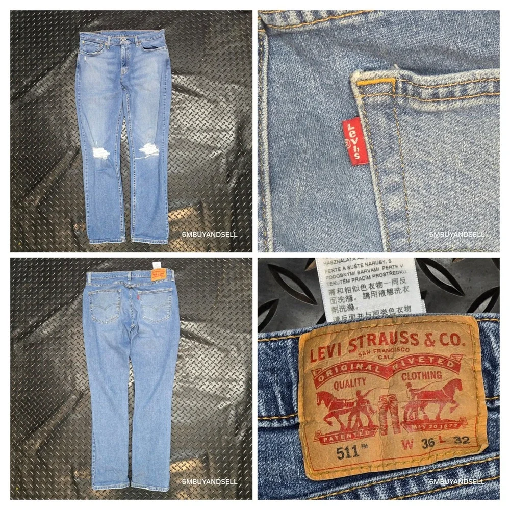 Levis 511 Slim Fit Mens Jeans 36x32 Blue Distressed Ripped‎ Denim 04511-4907